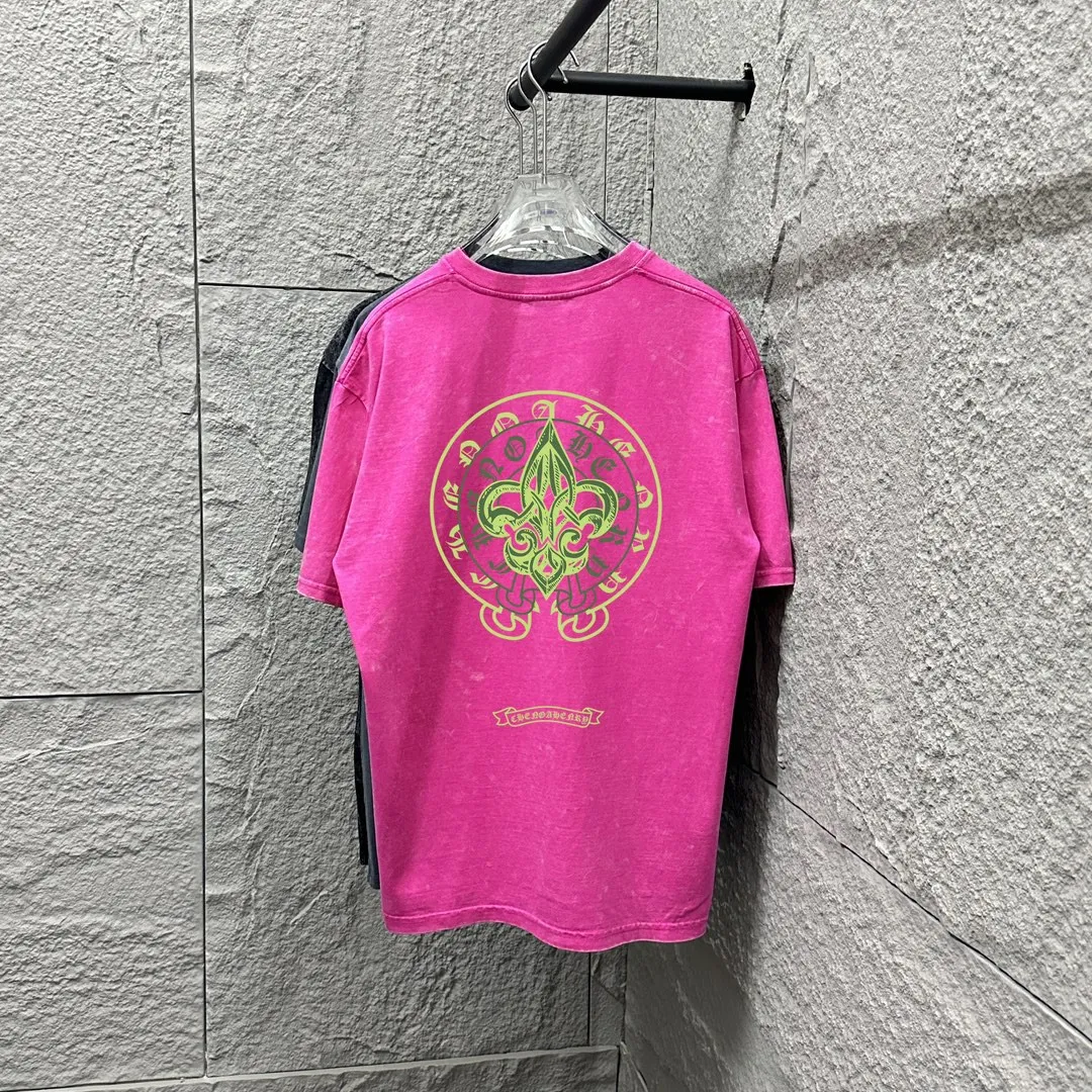 🅿️180 CH* Crow Heart* 2025 spring and summer new style Snowflake distressed washed retro round neck short sleeves Chest and front logo Horseshoe print on front and back Customized fabric Short-sleeved T-shirt Unisex Size: S M L XL XXL Color: Snowflake Black Snowflake Gray Snowflake Pink Snowflake Blue